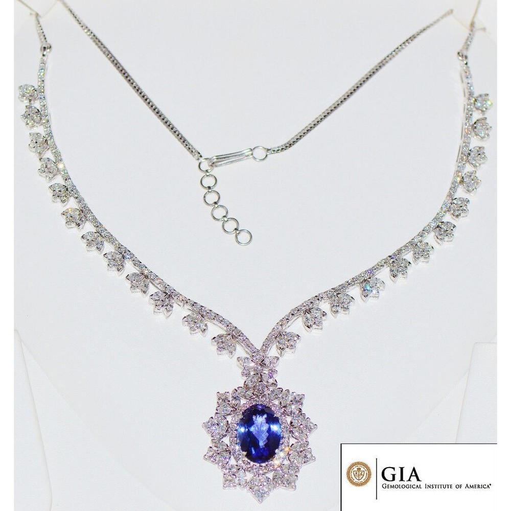 GIA Certified Natural 26.9CTS VS F Diamond Tanzanite 18K Solid Gold Necklace